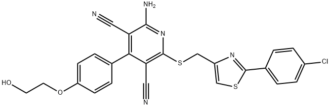 2-[[2-(4-クロロフェニル)チアゾール-4-イル]メチルチオ]-4-[4-(2-ヒドロキシエトキシ)フェニル]-6-アミノピリジン-3,5-ジカルボニトリル 化学構造式