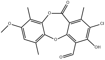 2-クロロ-3-ヒドロキシ-8-メトキシ-1,6,9-トリメチル-11-オキソ-11H-ジベンゾ[b,e][1,4]ジオキセピン-4-カルボアルデヒド 化学構造式