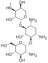 4-O-(2-アミノ-2-デオキシ-α-D-グルコピラノシル)-6-O-(3-デオキシ-3-メチルアミノ-β-L-アラビノピラノシル)-2-デオキシ-D-ストレプタミン 化学構造式