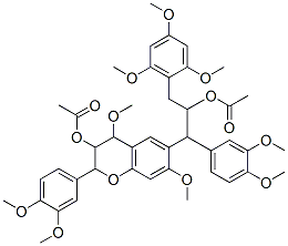 酢酸4,7-ジメトキシ-2-(3,4-ジメトキシフェニル)-6-[2-(アセチルオキシ)-2-(2,4,6-トリメトキシベンジル)-1-(3,4-ジメトキシフェニル)エチル]クロマン-3-イル 化学構造式