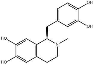 (1R)-1β-[(3,4-ジヒドロキシフェニル)メチル]-1,2,3,4-テトラヒドロ-2-メチル-6,7-イソキノリンジオール 化学構造式