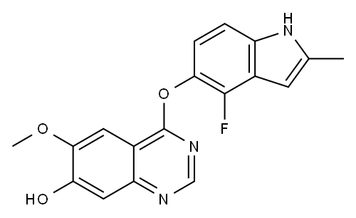 4-((4-フルオロ-2-メチル-1H-インドール-5-イル)オキシ)-6-メトキシキナゾリン-7-オール 化学構造式