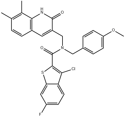 Benzo[b]thiophene-2-carboxamide, 3-chloro-N-[(1,2-dihydro-7,8-dimethyl-2-oxo-3-quinolinyl)methyl]-6-fluoro-N-[(4-methoxyphenyl)methyl]- (9CI) Structure