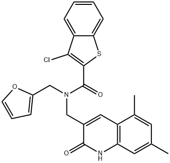 Benzo[b]thiophene-2-carboxamide, 3-chloro-N-[(1,2-dihydro-5,7-dimethyl-2-oxo-3-quinolinyl)methyl]-N-(2-furanylmethyl)- (9CI) Structure