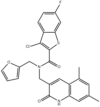 Benzo[b]thiophene-2-carboxamide, 3-chloro-N-[(1,2-dihydro-5,7-dimethyl-2-oxo-3-quinolinyl)methyl]-6-fluoro-N-(2-furanylmethyl)- (9CI) Structure