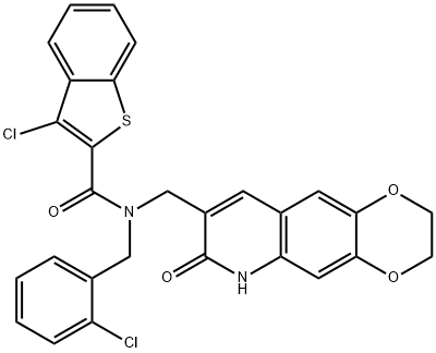 Benzo[b]thiophene-2-carboxamide, 3-chloro-N-[(2-chlorophenyl)methyl]-N-[(2,3,6,7-tetrahydro-7-oxo-1,4-dioxino[2,3-g]quinolin-8-yl)methyl]- (9CI) Structure