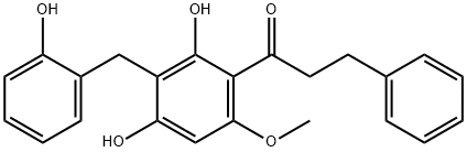 1-[2,4-ジヒドロキシ-3-[(2-ヒドロキシフェニル)メチル]-6-メトキシフェニル]-3-フェニル-1-プロパノン 化学構造式