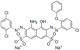 4-Amino-3-[(2,5-dichlorophenyl)azo]-5-hydroxy-6-[(5-chloro-2-phenoxyphenyl)azo]naphthalene-2,7-disulfonic acid disodium salt Struktur