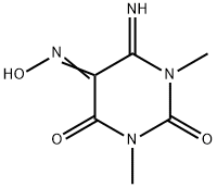 ジヒドロ-6-イミノ-5-ヒドロキシイミノ-1,3-ジメチル-2,4(1H,3H)-ピリミジンジオン 化学構造式