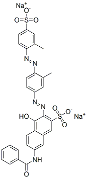7-(苯甲酰基氨基)-4-羟基-3-[[3-甲基-4-[(2-甲基-4-磺酸基苯基)偶氮]苯基]偶氮]萘-2-磺酸二钠, 5873-26-7, 结构式