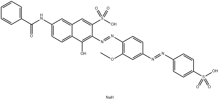 7-Benzoylamino-4-hydroxy-3-[[2-methoxy-4-[(4-sodiosulfophenyl)azo]phenyl]azo]naphthalene-2-sulfonic acid sodium salt Struktur