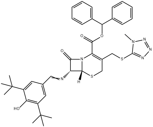 DIPHENYLMETHYL7-(3,5-DI-TERT-BUTYL-4-HYDROXYBENZYLIDENEAMINO)-3-[[(1-METHYL-1H-TETRAZOL-5-YL)THIO]METHYL]-3-CEPHEM-4-CARBOXYLATE 结构式