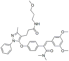 3-[5-[4-[2-(3,5-dimethoxyphenyl)-1-(dimethylcarbamoyl)ethenyl]phenoxy] -3-methyl-1-phenyl-pyrazol-4-yl]-N-(3-methoxypropyl)propanamide Struktur