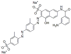 7-[(3-アミノベンゾイル)アミノ]-4-ヒドロキシ-3-[[2-メチル-4-[(2-メチル-4-ソジオスルホフェニル)アゾ]フェニル]アゾ]ナフタレン-2-スルホン酸ナトリウム 化学構造式