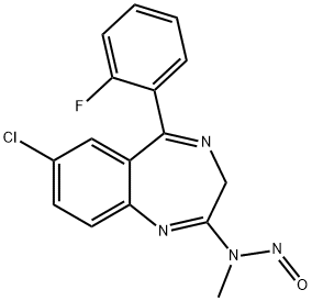 7-Chloro-5-(2-fluorophenyl)-2-(N-nitrosomethylamino)-3H-1,4-benzodiazepine, 59467-62-8, 结构式