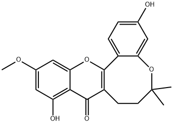 7,8-ジヒドロ-3,10-ジヒドロキシ-12-メトキシ-6,6-ジメチル-6H,9H-[1]ベンゾピラノ[3,2-e][1]ベンゾオキソシン-9-オン 化学構造式