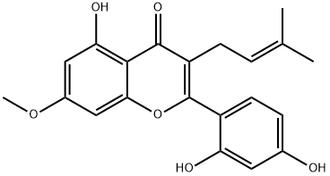 2-(2,4-ジヒドロキシフェニル)-5-ヒドロキシ-7-メトキシ-3-(3-メチル-2-ブテニル)-4H-1-ベンゾピラン-4-オン 化学構造式