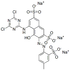 5-[(4,6-ジクロロ-1,3,5-トリアジン-2-イル)アミノ]-4-ヒドロキシ-3-[(4-メチル-2-スルホフェニル)アゾ]-2,7-ナフタレンジスルホン酸三ナトリウム 化学構造式