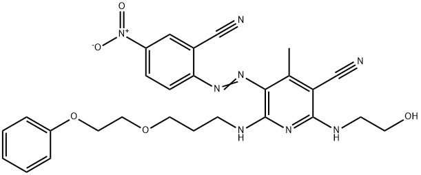 5-(2-氰基-4-硝基苯偶氮基)-2-(2-羟乙基氨基)-4-甲基-6-[[3-(2-苯氧基乙氧基)丙基]氨基]-3-吡啶腈, 61799-13-1, 结构式