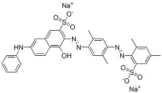 二钠7-苯胺基-3-({4-[(2,4-二甲基-6-磺酸苯基)偶氮]-2,5-二甲基苯基}偶氮)-4-羟基-2-萘磺酸酯, 6227-10-7, 结构式