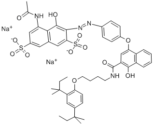 5-乙酰氨基-3-[[4-[[3-[[[4-[2,4-双(1,1-二甲基丙基)苯氧基]丁基]氨基]羰基]-4-羟基-1-萘]氧基]苯基]偶氮]-4-羟基-2,7-萘二磺酸二钠盐 结构式