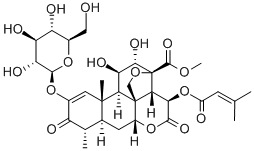 13,20-エポキシ-2-(β-D-グルコピラノシルオキシ)-11β,12α-ジヒドロキシ-15β-[(3-メチル-1-オキソ-2-ブテニル)オキシ]-3,16-ジオキソピクラサ-1-エン-21-酸メチル 化学構造式