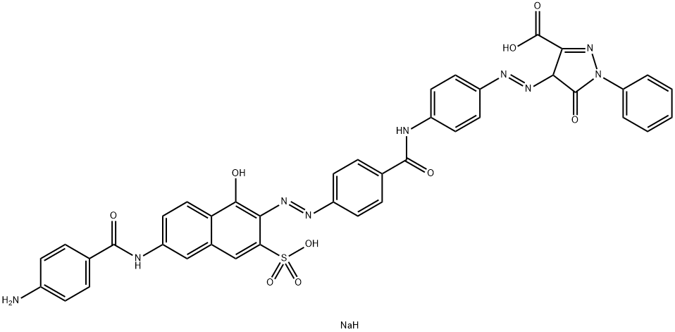 4-[[4-[[4-[[6-[(4-アミノベンゾイル)アミノ]-1-ヒドロキシ-3-スルホナフタレン-2-イル]アゾ]ベンゾイル]アミノ]フェニル]アゾ]-4,5-ジヒドロ-5-オキソ-1-フェニル-1H-ピラゾール-3-カルボン酸ジナトリウム 化学構造式