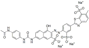 trisodium 2-[4-[[6-[[[[4-(acetamido)phenyl]amino]carbonyl]amino]-1-hydroxy-3-sulphonato-2-naphthyl]azo]-3-sulphonatophenyl]-6-methylbenzothiazole-7-sulphonate Struktur