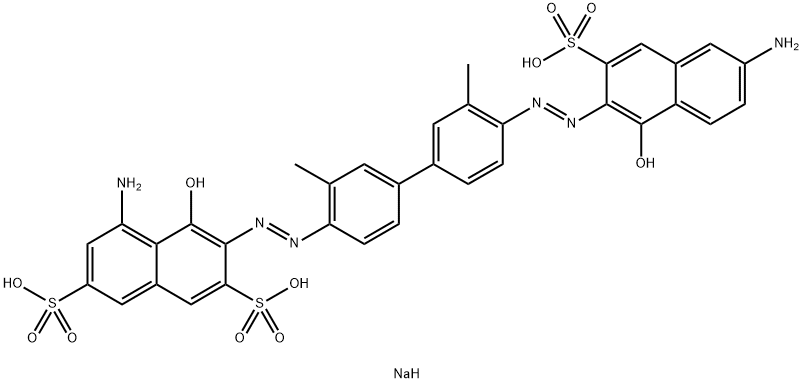trisodium 5-amino-3-[[4'-[(6-amino-1-hydroxy-3-sulphonato-2-naphthyl)azo]-3,3'-dimethyl[1,1'-biphenyl]-4-yl]azo]-4-hydroxynaphthalene-2,7-disulphonate Struktur