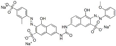 trisodium 4-hydroxy-7-[[[[5-hydroxy-6-[(2-methoxyphenyl)azo]-7-sulphonato-2-naphthyl]amino]carbonyl]amino]-3-[(2-methyl-4-sulphonatophenyl)azo]naphthalene-2-sulphonate Struktur