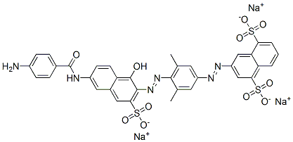 3-[[4-[[6-[(4-Aminobenzoyl)amino]-1-hydroxy-3-sulfo-2-naphtyl]azo]-3,5-dimethylphenyl]azo]-1,5-naphthalenedisulfonic acid trisodium salt Struktur