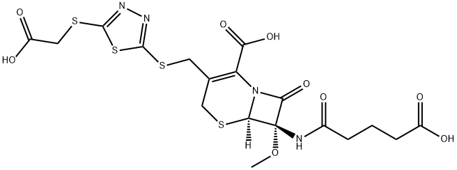 (7S)-7-[(4-カルボキシ-1-オキソブチル)アミノ]-7-メトキシ-3-[[[5-[(カルボキシメチル)チオ]-1,3,4-チアジアゾール-2-イル]チオ]メチル]セファム-3-エン-4-カルボン酸 化学構造式