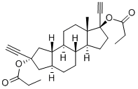 (17R)-2-エチニル-A,19-ジノル-5α-プレグナ-20-イン-2α,17-ジオールジプロパノアート 化学構造式