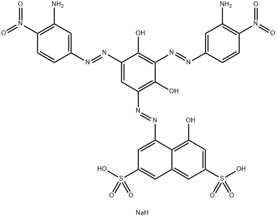 2,7-Naphthalenedisulfonic acid, 4-3,5-bis(3-amino-4-nitrophenyl)azo-2,4-dihydroxyphenylazo-5-hydroxy-, disodium salt Struktur