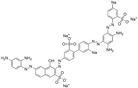 6-[(2,4-ジアミノフェニル)アゾ]-3-[[4'-[[2,4-ジアミノ-5-[(4-ソジオスルホフェニル)アゾ]フェニル]アゾ]-3'-ソジオスルホ[1,1'-ビフェニル]-4-イル]アゾ]-4-ヒドロキシナフタレン-2-スルホン酸ナトリウム 化学構造式