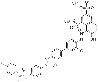 8-[[3,3'-ジメトキシ-4'-[[4-[[(4-メチルフェニル)スルホニル]オキシ]フェニル]アゾ]-1,1'-ビフェニル-4-イル]アゾ]-7-ヒドロキシ-1,3-ナフタレンジスルホン酸二ナトリウム 化学構造式