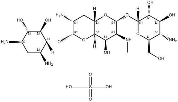 4-O-[(8R)-8-O-(4-アミノ-4-デオキシ-α-D-グルコピラノシル)-2-アミノ-7-メチルアミノ-2,3,7-トリデオキシ-α-D-glycero-D-allo-オクトジアルド-1,5:8,4-ジピラノシル]-2-デオキシ-D-ストレプタミン/硫酸,(1:x) 化学構造式