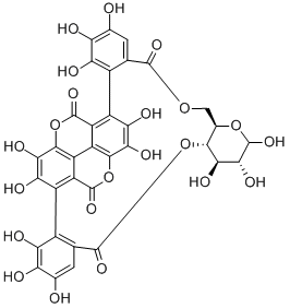 4-O,6-O-[(aS)-[2,2'-[(5,10-ジヒドロ-2,3,7,8-テトラヒドロキシ-5,10-ジオキソ[1]ベンゾピラノ[5,4,3-cde][1]ベンゾピラン)-1,6-ジイル]ビス[3,4,5-トリヒドロキシフェニル]]ジカルボニル]-β-D-グルコピラノース 化学構造式