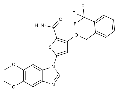 3-[2-(三氟甲基)苄氧基]-5-(5,6-二甲氧基-1H-苯并[D]咪唑-1-基)-2-噻吩甲酰胺, 660868-91-7, 结构式