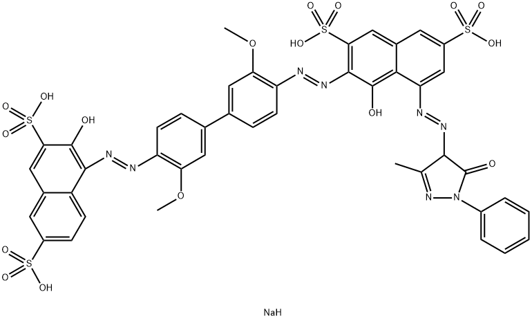 2,7-Naphthalenedisulfonic acid, 5-[(4,5-dihydro-3-methyl-5-oxo-1-phenyl-1H-pyrazol-4-yl)azo]-4-hydroxy-3-[[4'-[(2-hydroxy-3,6-disulfo-1-naphthalenyl)azo]-3,3'-dimethoxy[1,1'-biphenyl]-4-yl]azo]-, tetrasodium salt 结构式