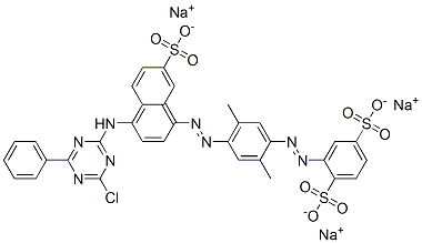 trisodium 2-[[4-[[4-[(4-chloro-6-phenyl-1,3,5-triazin-2-yl)amino]-7-sulphonato-1-naphthyl]azo]-2,5-dimethylphenyl]azo]benzene-1,4-disulphonate 结构式