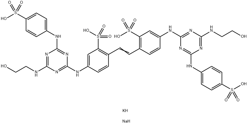 dipotassium disodium 4,4'-bis[[4-[(2-hydroxyethyl)amino]-6-[(4-sulphonatophenyl)amino]-1,3,5-triazin-2-yl]amino]stilbene-2,2'-disulphonate 结构式