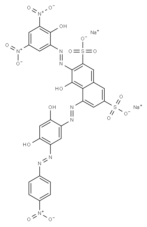 5-[[2,4-二羟基-5-[(4-硝基苯基)偶氮基]苯基]偶氮基]-4-羟基-3-[(2-羟基-3,5-二硝基苯基)偶氮基]-2,7-萘二磺酸二钠 结构式