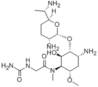 2-Amino-5-[[[(aminocarbonyl)amino]acetyl]methylamino]-1-O-(2,6-diamino-2,3,4,6,7-pentadeoxy-β-L-lyxo-heptopyranosyl)-4-O-methyl-2,3,5-trideoxy-D-allo-inositol 结构式