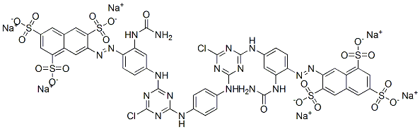 hexasodium 7,7'-[1,4-phenylenebis[imino(6-chloro-1,3,5-triazine-4,2-diyl)imino[2-[(aminocarbonyl)amino]-4,1-phenylene]azo]]bis(naphthalene-1,3,6-trisulphonate) Struktur