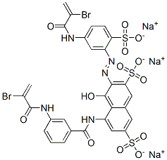 trisodium 5-[[3-[(2-bromo-1-oxoallyl)amino]benzoyl]amino]-3-[[5-[(2-bromo-1-oxoallyl)amino]-2-sulphonatophenyl]azo]-4-hydroxynaphthalene-2,7-disulphonate  Struktur