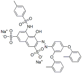 disodium 3-[[2,4-bis(2-methylphenoxy)phenyl]azo]-4-hydroxy-5-[[(p-tolyl)sulphonyl]amino]naphthalene-2,7-disulphonate Struktur