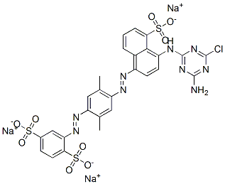 trisodium 2-[[4-[[4-[(4-amino-6-chloro-1,3,5-triazin-2-yl)amino]-5-sulphonatonaphthyl]azo]-2,5-dimethylphenyl]azo]benzene-1,4-disulphonate Struktur