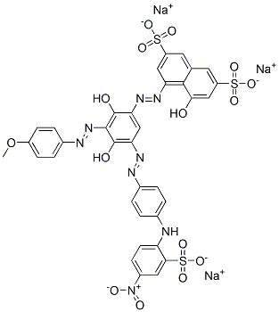 trisodium 4-[[2,4-dihydroxy-3-[(4-methoxyphenyl)azo]-5-[[4-[(4-nitro-2-sulphonatophenyl)amino]phenyl]azo]phenyl]azo]-5-hydroxynaphthalene-2,7-disulphonate Struktur