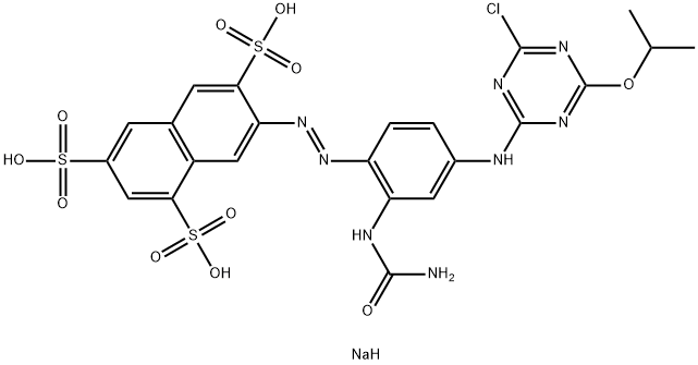 trisodium 7-[[2-[(aminocarbonyl)amino]-4-[[4-chloro-6-(1-methylethoxy)-1,3,5-triazin-2-yl]amino]phenyl]azo]naphthalene-1,3,6-trisulphonate Struktur